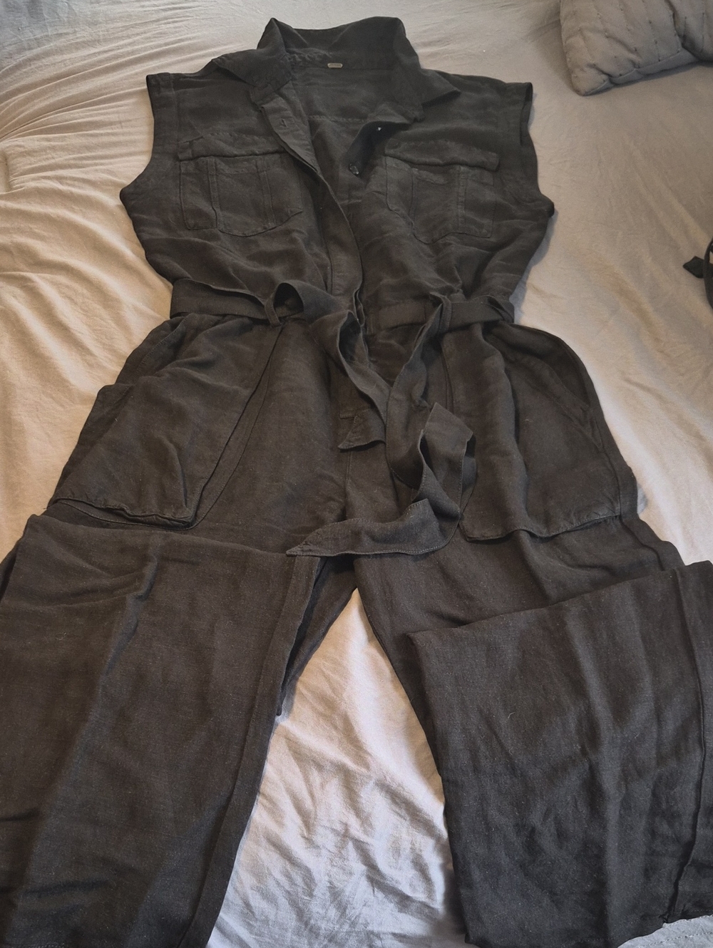 Sleeveless Belted Utility Jumpsuit in Charcoal Gray
